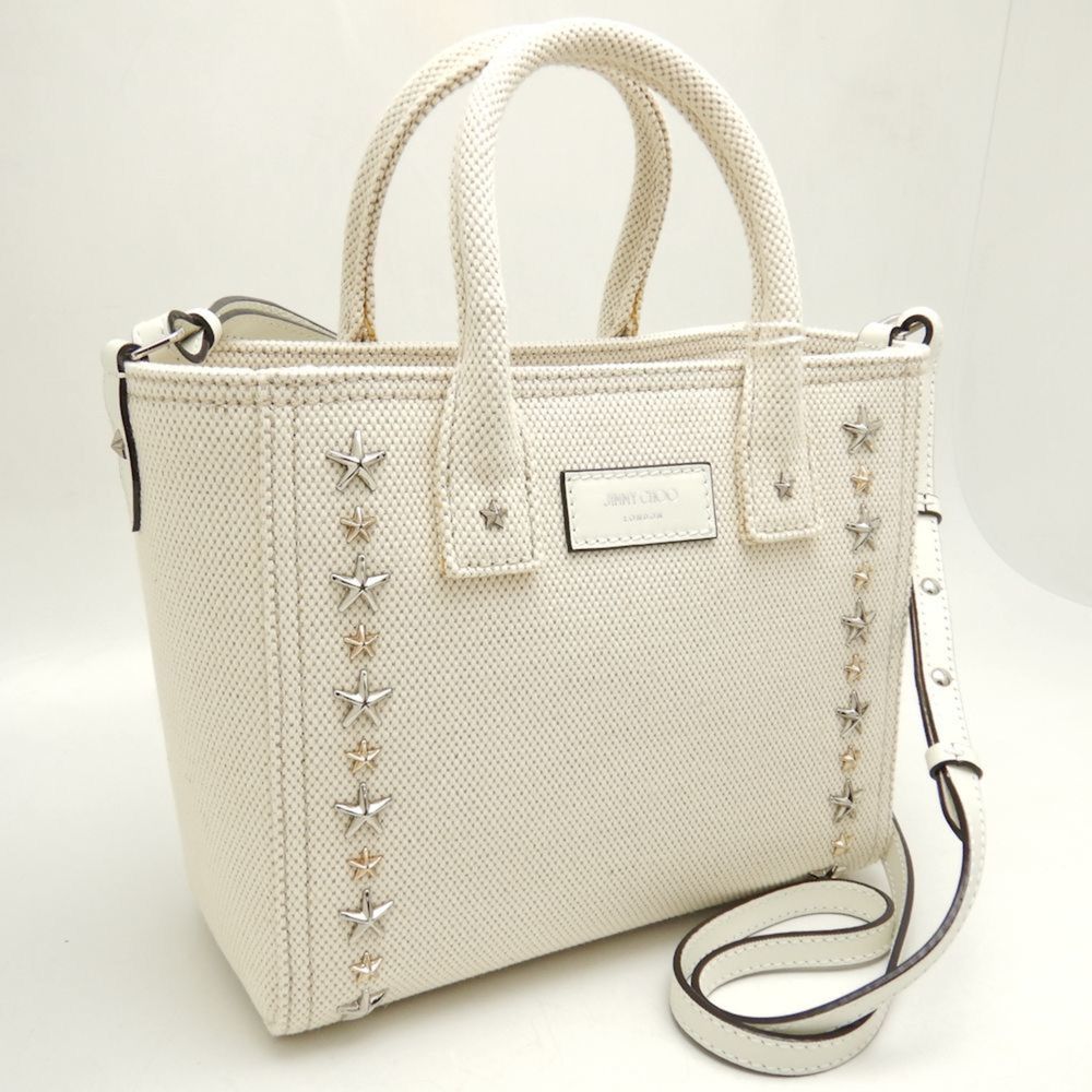 JIMMY CHOO Pegasi S CXH211 Handbag Star Studded Canvas x Leather NATURAL 251552 - Picture 2 of 10